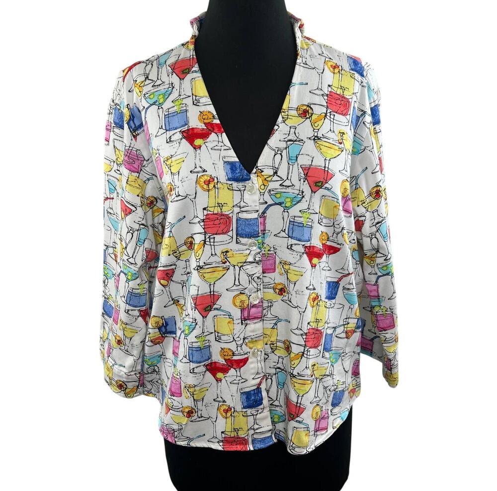 VINTAGE All Hours Cocktail Drinks 3/4 Sleeve V-Neck Button Shirttail Blouse M L